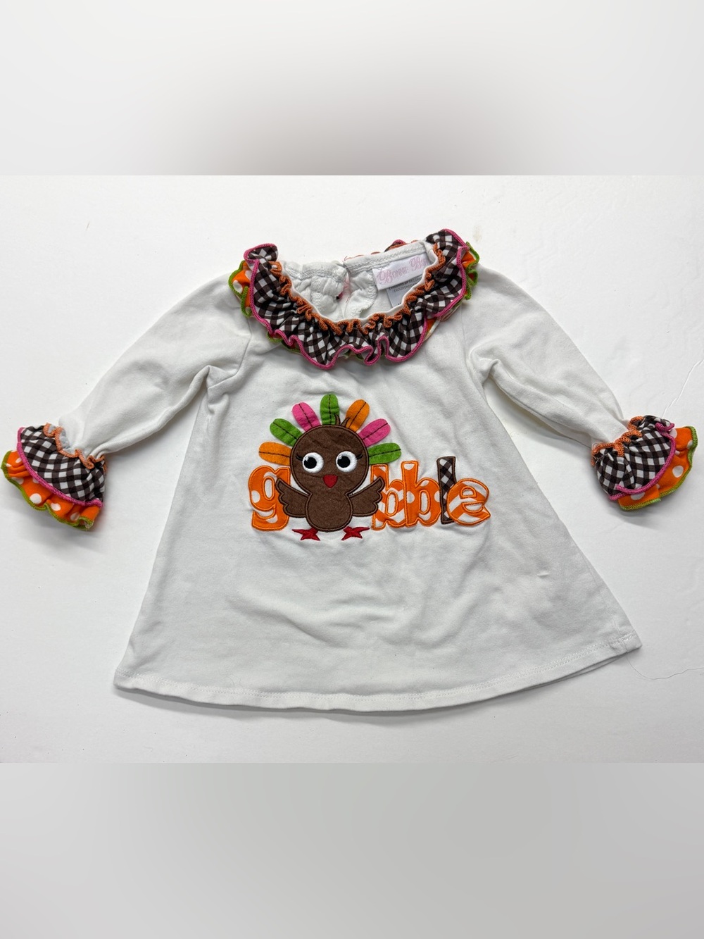 Bonnie Jean Baby White Long-Sleeve Turkey Appliqué Top Tunic Thanksgiving Ruffle